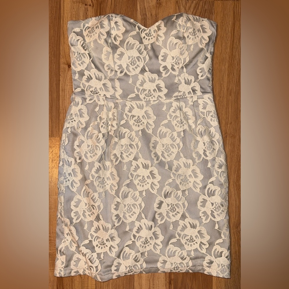 Elegant strapless Lace Overlay Dress in Cream and Gray